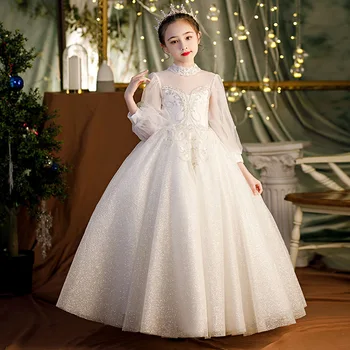 Висококачествено сватбена рокля с цветя модел за момичета, дантелено Принцеса рокля в три четвърти, детско празнично бална рокля, Рокля за момичета