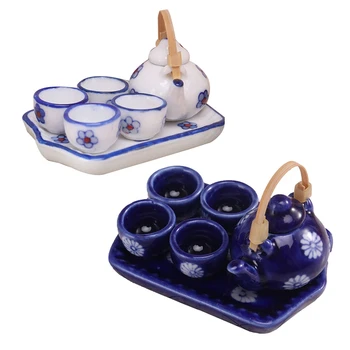 1:12 Миниатюрни Комплект Чаени чаши в японски стил/6 бр. Керамични съдове Чайник Кухненски Аксесоари за куклена Къща