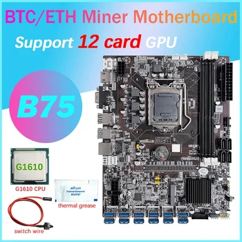 B75 12 карти GPU БТК дънна Платка за майнинга + процесор G1610 + Термопаста + Кабел превключвател 12XUSB3.0 (PCIE) Слот LGA1155 DDR3 Оперативна памет, MSATA