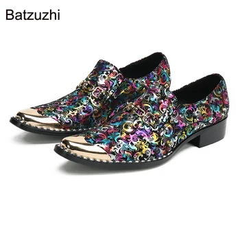 Мъжки обувки изработени ръчно Batzuzhi Rock, черни и Цветни кожени модела обувки с железни пръсти, мъжки модни вечерни и сватбени обувки за мъже, 37-46