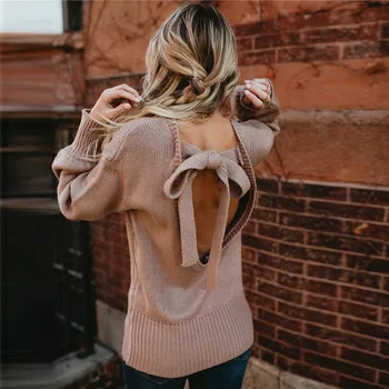 2019 нов зимен пуловер секси с отворен гръб и лък OL крайградски Работа-Розов Дамски Пуловери Свободни Chics DZA010