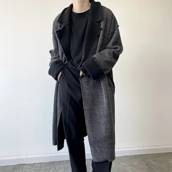 Зимно мъжко вълна палто с дебел ревера 2022 година, корейската ветровка средна дължина до коляното, черна вълнена палто