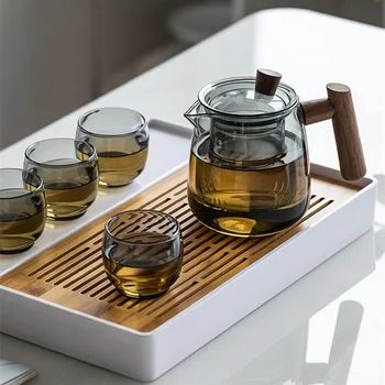 Японски стъклен чайник с дебела термостойким стъкло, Вграден филтър, вещи от първа необходимост за дома, 1 гърне, 4 чаши