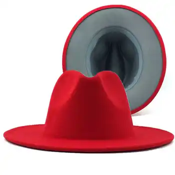 60см червен със сиво дъно мозайка Панама вълна фетр Джаз Fedora шапки за жени, мъже широката периферия на партията Каубойска шапка картежника шапка