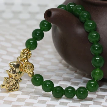 Златист цвят маймуна аксесоари Тайван зелен нефрит камък или направление гривна за жени 8 мм, кръгли мъниста бижута 7,5 см B2013