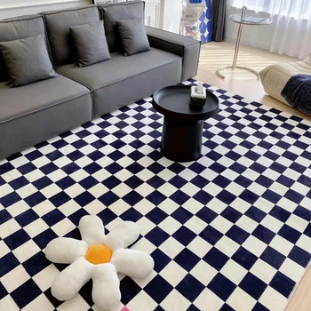Килим, японски и корейски стил, вълнени килими в шахматна дъска модел, нощни подложки за спалня, килими за хол, черно-бели постелки за пода