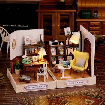 Направи си САМ Коледна Миниатюра С Мебели от Дървен Куклен Дом Комплект Торта Стая Цвете Студио Casa Куклена Къща Играчки За Момичета Възрастни Подаръци на Нова