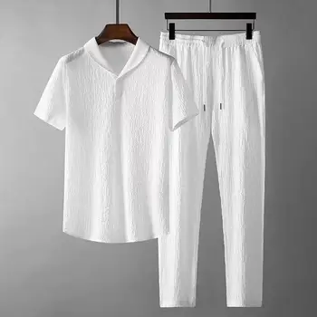 Мъжки комплект дрехи 2022, Летен Нов елегантен Спортен Костюм, Мъжки Модни Риза с къси ръкави, Панталони, Комплект от 2 теми