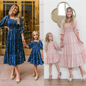 Едни и същи рокли за семейството, Лятна Рокля За момичета, Рокли във френски стил с пищни ръкави и цветен модел, Детски Дрехи, Детски рокли За Момичета