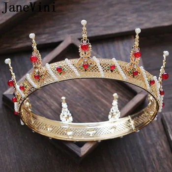 JaneVini Златна Кралската Сватба Корона Диадема с Перли Роял Crystal шапки, Аксесоари За Коса, Кръгли Сватбени Корона в Бароков Орнамент