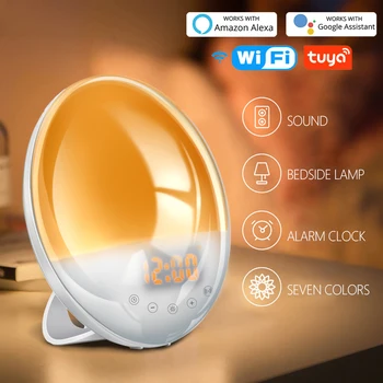 Led Лампа За Изгрев на Слънцето С Будилник 7 Цвята, Wifi Smart Wake Up Light FM-радио Цифрови Нощните Часове За Googe Home